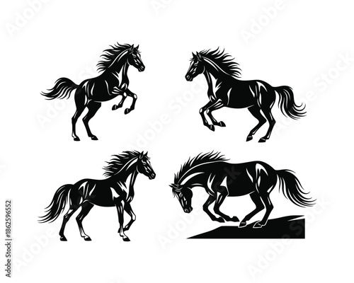 Rearing & jumping horse, wild mustang running, powerful running, athletic horse, mustang galloping Silhouette vector design set collection, rearing horse silhouette, jumping horse silhouette, running 