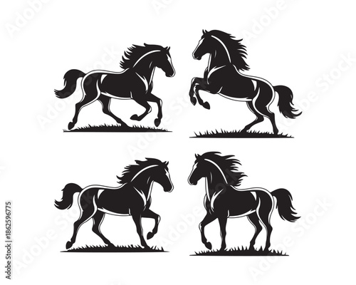 Rearing & jumping horse, wild mustang running, powerful running, athletic horse, mustang galloping Silhouette vector design set collection, rearing horse silhouette, jumping horse silhouette, running 