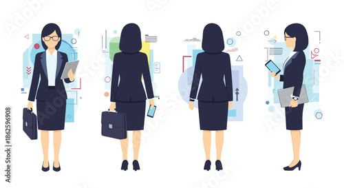 Businesswoman character turnaround set showing a professional woman in a dark suit from the front, back, and side views with a briefcase.
