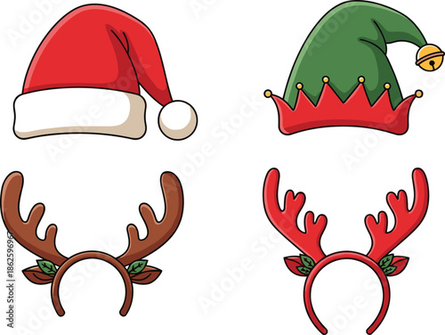 Christmas headwear, Santa hat, elf hat, reindeer antlers, holiday costume, festive accessories, winter celebration, seasonal outfit, party props, cheerful design