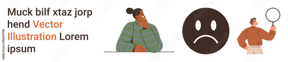 Fototapeta premium Communication, emotions, introspection, diversity, problem-solving, observation. A person thinking, a sad face icon and a person holding a magnifying glass. Emotions and communication concept
