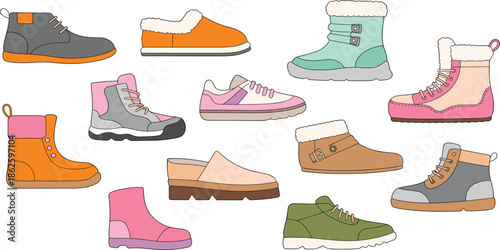 Colorful vector set of various footwear featuring winter boots, sneakers, slippers, and casual shoes