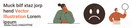 Communication, emotions, introspection, diversity, problem-solving, observation. A person thinking, a sad face icon and a person holding a magnifying glass. Emotions and communication concept