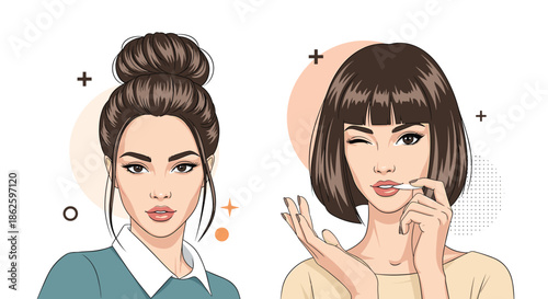 Stylish portrait of two beautiful young women with fashionable hairstyles and makeup in a modern comic book or pop art illustration.