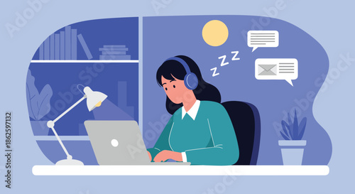 Dedicated woman student working on her laptop late at night at a desk with a lamp, bookshelves, and a cup of warm tea in her room.