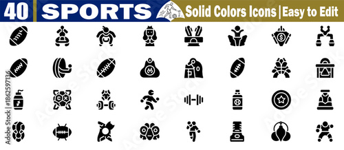 Set of forty solid sport icons for gym fitness and athletic activities flat vector design Vector Illustration.