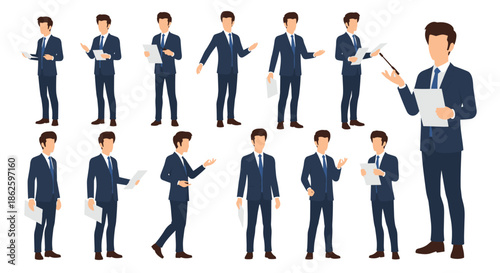 Business man character kit showing a professional in a navy blue suit in various presentation and speaking poses holding documents.