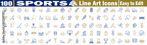 Hundred line art sports icons collection featuring various athletic gear and player poses Vector Illustration.