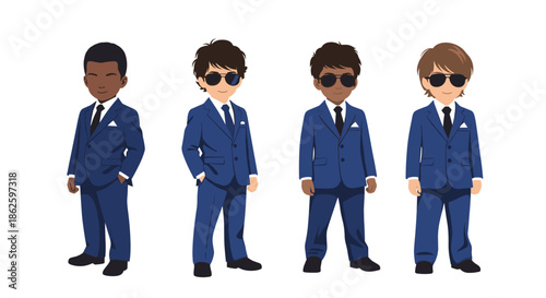 Set of four stylish young men in navy blue suits and sunglasses posing confidently in a modern flat vector illustration style.