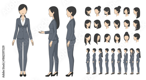 Professional woman character sheet showing a full body view in a suit along with many different hairstyle options for customization.