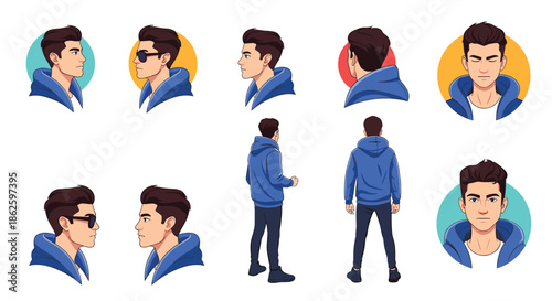 Character profile sheet of a young man wearing a blue hoodie showing various head angles and full body views for character design.