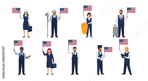 Collection of workers from different professions like chef and construction holding American flags for Labor Day or Independence Day.