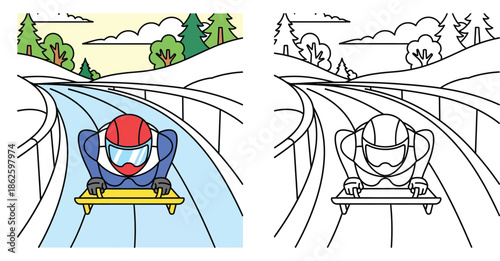 Skeleton winter sport athlete sliding on ice track. Vector illustration of racer on sled with coloring page outline version for kids activity.