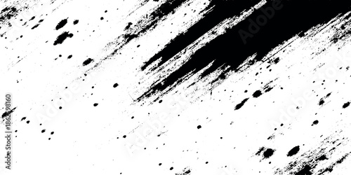 Abstract black and white brush strokes create a dynamic textured background with scattered speckles and varying densities