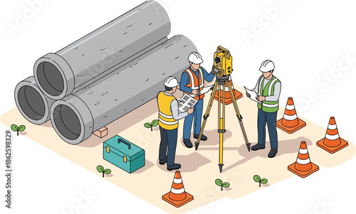 Isometric construction site survey with engineers, land surveying equipment, large concrete pipes, safety cones, blueprints, industrial infrastructure development, and civil engineering.