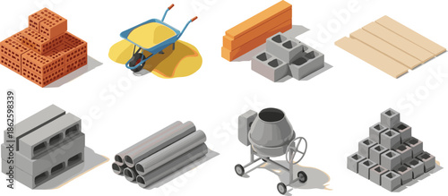 Isometric 3D Illustration Set of Building Construction Materials with Red Bricks, Wheelbarrow, Cement Mixer, Steel Pipes, and Concrete Blocks, Isolated