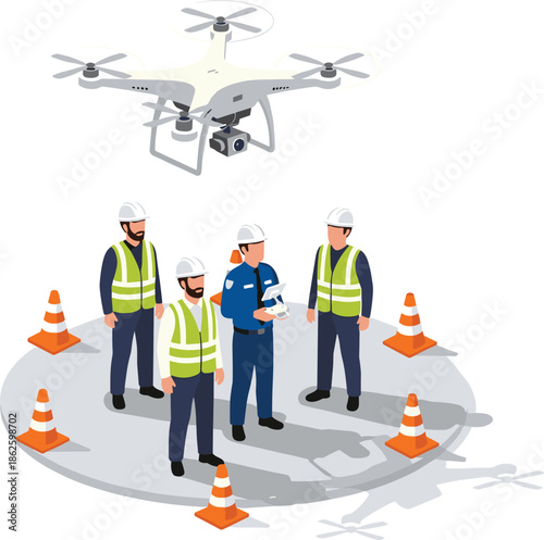 Isometric Construction Site Workers and Drone Operator Using Unmanned Aerial Vehicle for Professional Industrial Surveying Monitoring Inspection and Infrastructure Mapping Projects