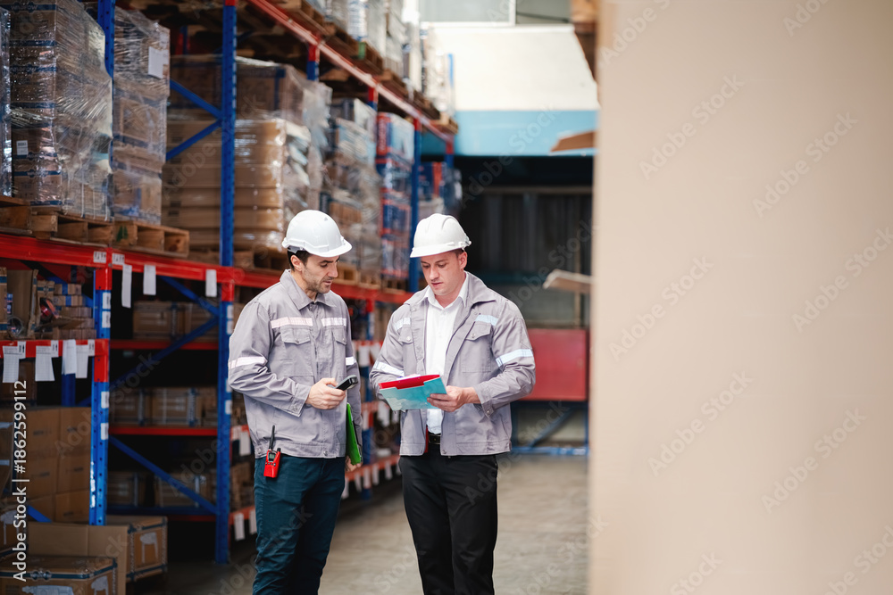 Obraz premium Warehouse Inventory Inspection by Two Workers