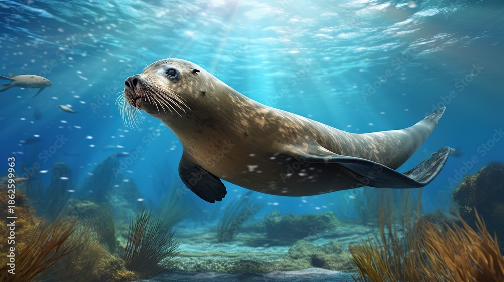 Fototapeta premium Graceful seal gliding through sunlit blue waters among seaweed and fish
