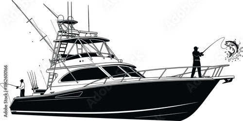 fishing boat, black white, sport fishing, deep sea, fish catch, marine action, outdoor recreation, dynamic splash, reel moment, ocean adventure