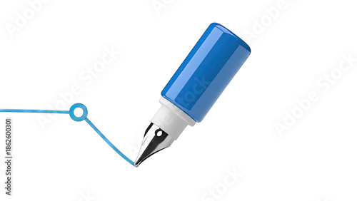 Blue fountain pen drawing a line with a circle