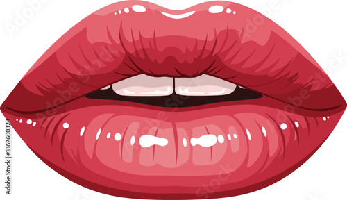 Glossy red lips, beauty illustration, seductive mouth, fashion makeup, sensual style, digital art, lipstick shine, cosmetic glamour, bold expression, lip detail