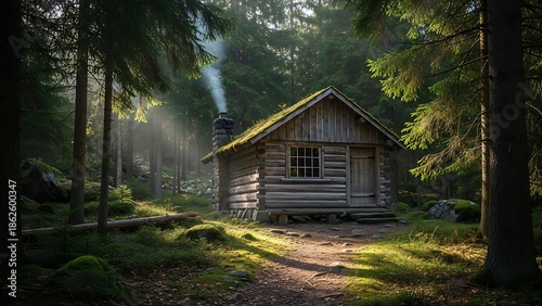 Cozy cabin in forest landscape scene.