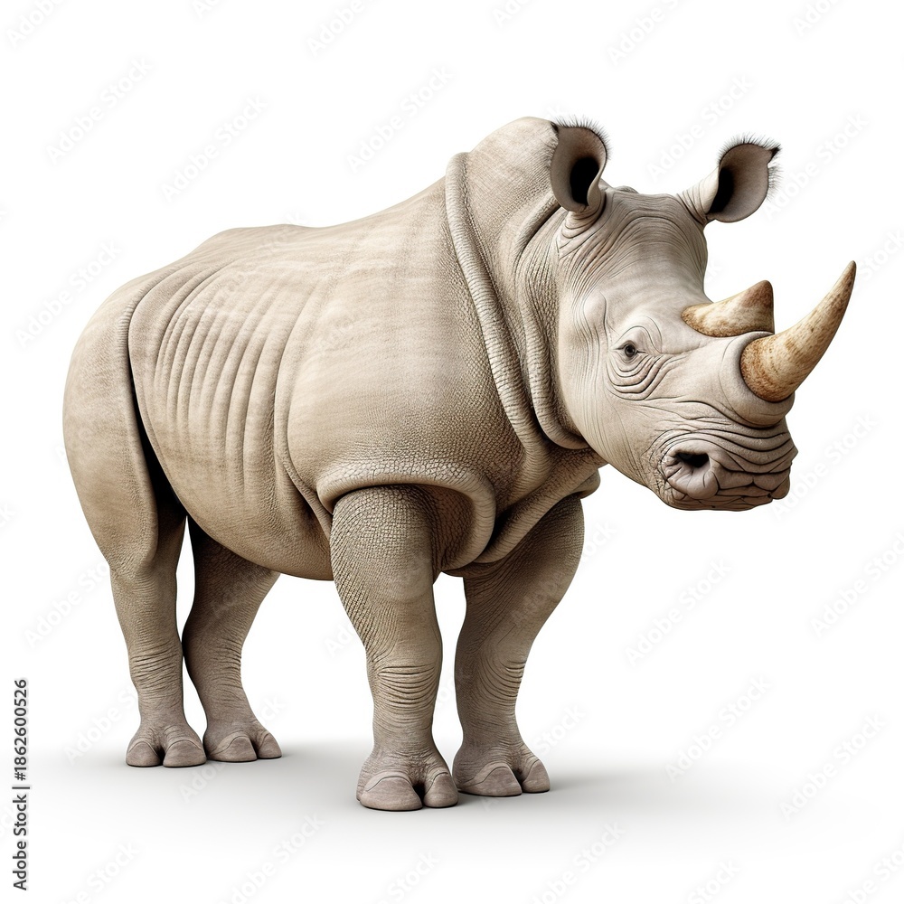 Fototapeta premium Light gray cartoon rhinoceros figurine standing quietly on white background