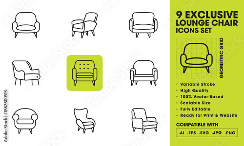 Minimal furniture and home appliance icon set with clean vector silhouettes including sofa chair table bed lamp desk and armchair for interior home office design