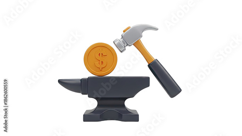 Hammer hitting dollar coin on anvil