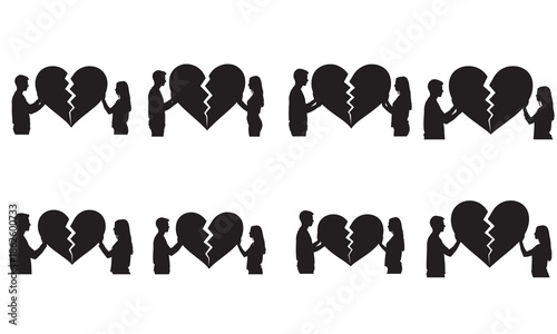Silhouettes of a couple separated by a broken heart, symbolizing relationship difficulties and emotional pain