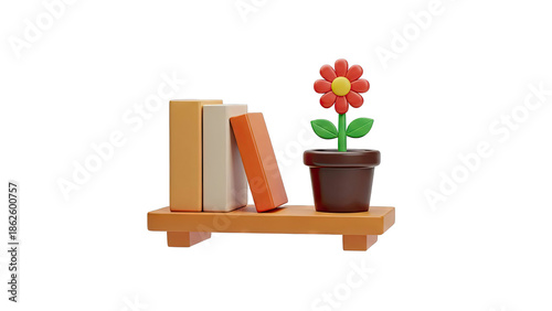 3D Illustration of Books and Potted Flower on a Shelf