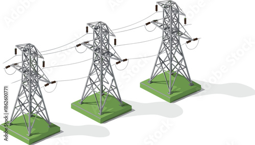 High-voltage transmission tower illustration, electricity infrastructure, power lines, metal pylons, energy distribution, industrial design, grid system, utility network