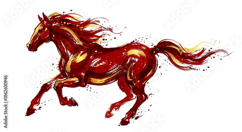 Expressive Red and Gold Brushstroke Horse in Motion – Dynamic Artistic Illustration Painting