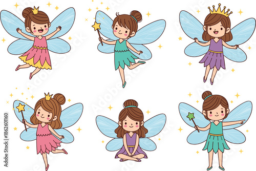 Cute fairy girl cartoon vector illustration set with magical wings wand crown in fantasy style