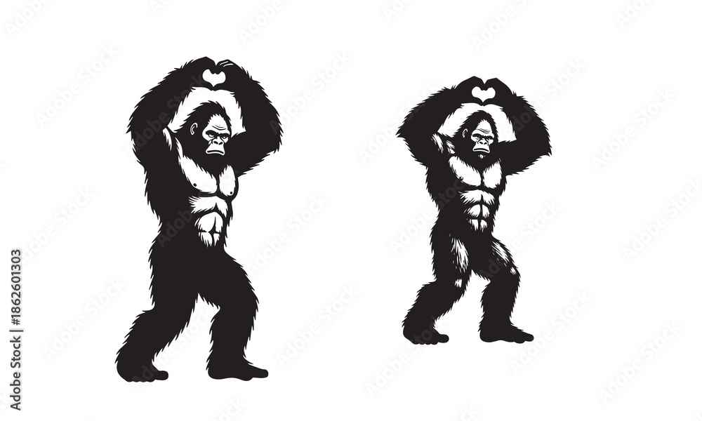 Fototapeta premium Muscular gorilla valentine's day silhouette making heart gesture with hands, black and white illustration