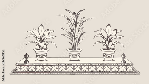 Flat illustration of a houseplant collection on a decorative table with three potted plants