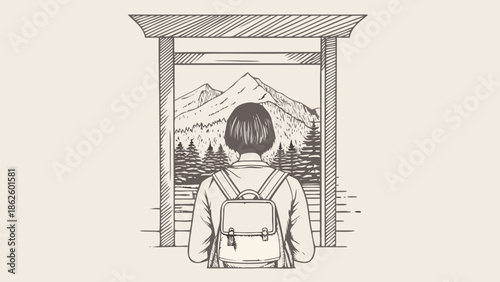 Flat vector illustration of a traveler with backpack looking at mountains through gate