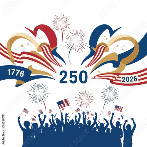 A colorful illustration celebrating america 250 with patriotic fireworks and silhouetted crowd waving flags. Perfect for celebrations, historical commemoration, and patriotic events.