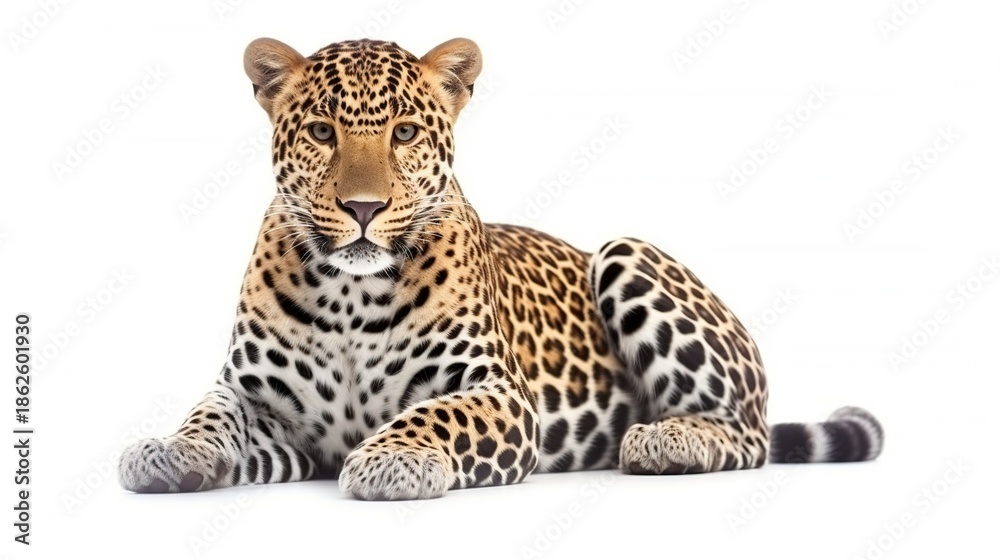 Fototapeta premium Relaxed leopard with a spotted coat resting on a pristine white studio background