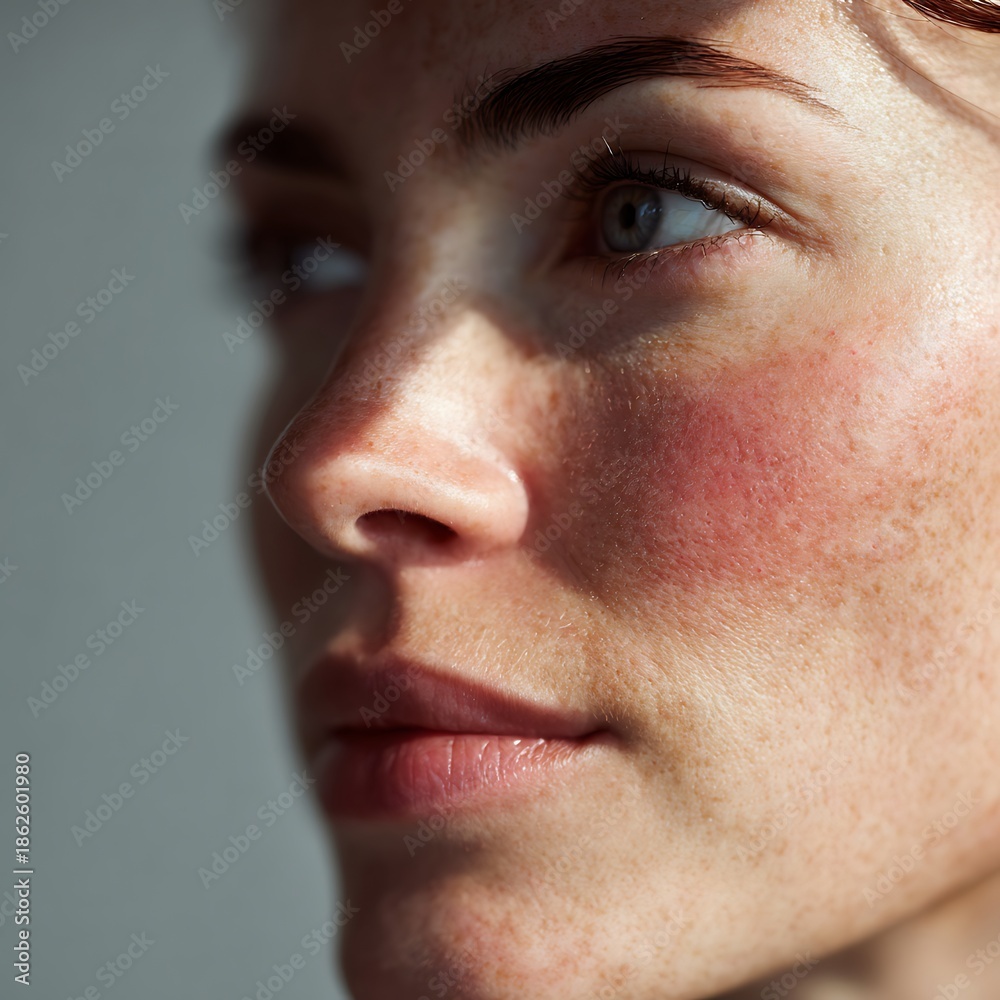 Obraz premium Skin with red patches, natural skin tone, suitable for cosmeceuticals, soothing skincare, sensitive skin, and campaigns emphasizing gentleness and confidence in your natural skin.