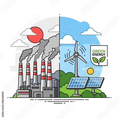 Industrial pollution vs. green energy, dichotomy of environmental impact, pollution vs eco-friendly future