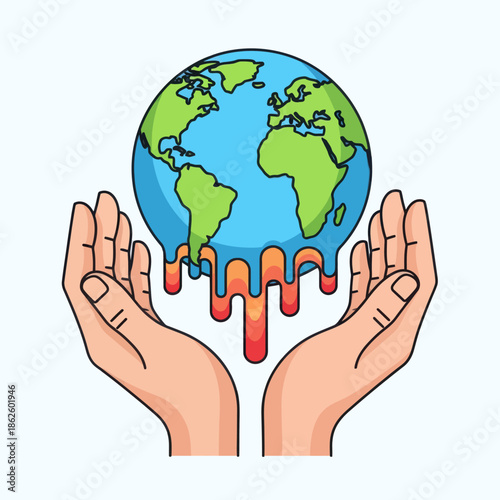 Melting Earth Held in Hands, Global Warming Concept Illustration, Climate Change Crisis