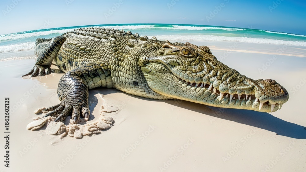 Fototapeta premium A large saltwater crocodile resting on a pristine white sandy beach with the blue ocean and sky in the background.