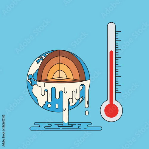 Melting Earth Globe and Thermometer, Climate Change Concept