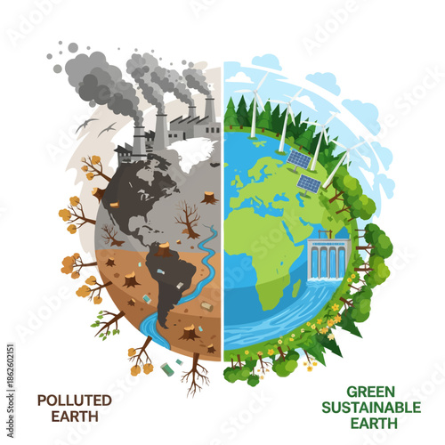 Polluted vs Sustainable Earth: Contrast of environmental damage and green energy.