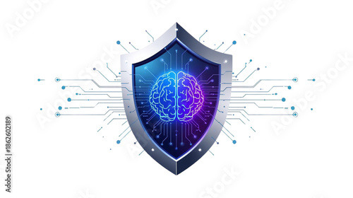 Artificial Intelligence Brain Inside a Digital Shield with Glowing Circuitry on White Background