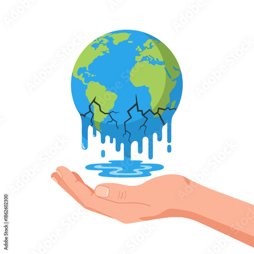 Hand holding melting planet earth with cracks, symbolizing climate change and global warming crisis