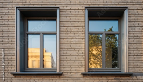 Urban Symmetry - Two Windows on Brick Wall Reflecting Golden Cityscape and Sunlit Trees.