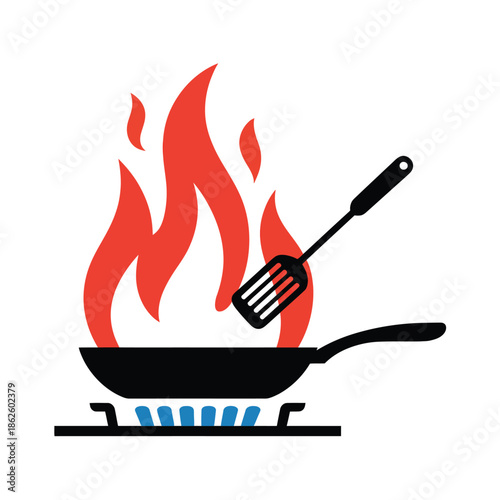 Kitchen fire on frying pan icon over stove burner with spatula for safety warning and cooking accident illustration